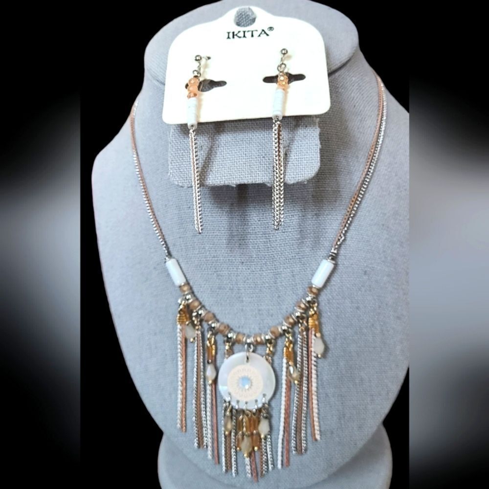 Paris Necklace & Earring Set Rose Gold Silver Mother Of Pearl Fine Chains Beads‎